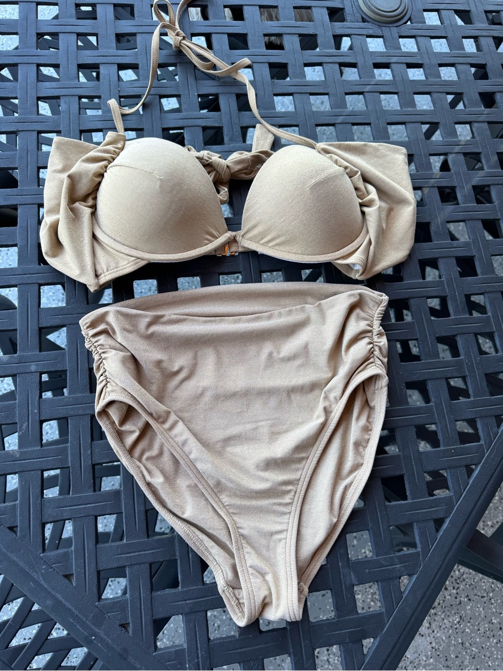 Gold Shimmer High-Waist Bikini Set - Padded Top, Ruched Bottoms Size Medium